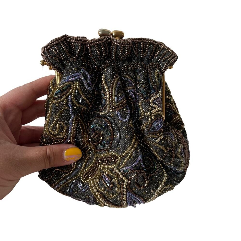 Vintage 1980s Beaded Evening Bag Kisslock Chain Strap Brown Purple Gold EUC - Picture 5 of 12